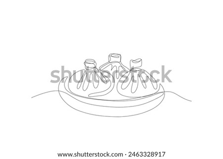 Khinkali or dumplings one line drawing. Georgian traditional stuffed dough meal sketch, homemade food, restaurant menu concept. Vector art