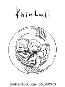 Khinkali georgian dumplings on plate, Hand drawn vector illustration, Black sketch on white background