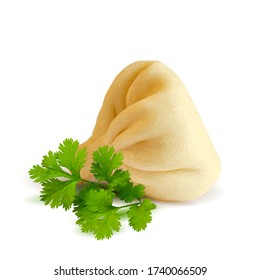 Khinkali low poly. Georgian cuisine. Traditional Georgian Khinkali dish. Authentic Khinkalii with meat and cilantro. Khinkali with parsley in triangulation technique.