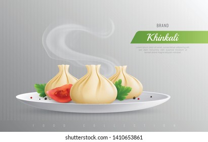 Khinkali realistic composition as promotion of most popular dishes of georgian cuisine vector illustration 