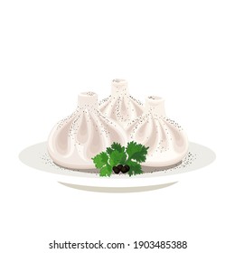 Khinkali is a traditional Georgian dish with meat, cilantro and black pepper on a plate. Vector isolated.