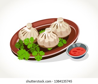 Khinkali traditional georgian dish on the plate with parsley vector illustration