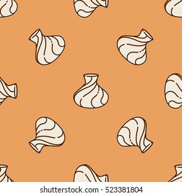 Khinkali yellow pattern. Dumpling with meat, cheese, greens. Georgian national food.  Background for cafe, restaurant, catering. Design texture for menu, booklet, banner, website. Vector illustration.