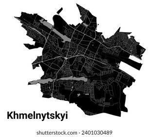 Mapa de la ciudad de Khmelnytskyi, Ucrania. Fronteras administrativas municipales, mapa de zonas negras y blancas con ríos y carreteras, parques y ferrocarriles. Ilustración vectorial.