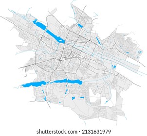 Khmelnytskyi, Khmelnytskyi Oblast, Ukraine high resolution vector map with city boundaries and outlined paths. White additional outlines for main roads. Many detailes. Blue shapes and lines for water.