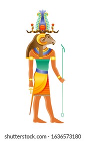 Khnum Egyptian god, deity of Nile source, god with ram, sheep head in atef crown. Creator god of human body at  potter wheel from clay. 3d realistic vector illustration isolated on white background