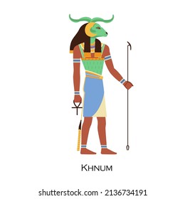 Khnum, Egypts ram-headed god. Old Egyptian Nile and water deity with horns. Divine potter, mythological character of ancient civilization. Flat vector illustration isolated on white background