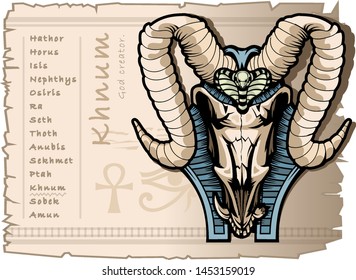 Khnum god creator in the ancient Egyptian world. Banner template, also a theme for tattoos and t-shirts.