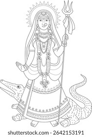 Khodiyar Mataji Hindu Goddess Line Art, Black and white line art illustration of Khodiyar Mataji, a Hindu goddess, riding a crocodile (maggar) and holding a trident (trishul). Ideal for religious,