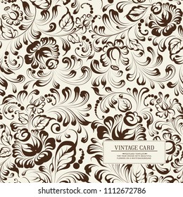 Khohloma style floral pattern. Invitation card template with khohloma design elements. Black line design. Vector illustration.