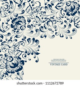 Khohloma style floral pattern. Invitation card template with khohloma design elements. Blue line design. Vector illustration.