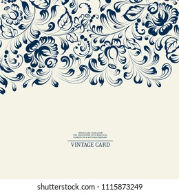 Khohloma style floral pattern. Invitation card template with khohloma design elements. Blue line design. Vector illustration.