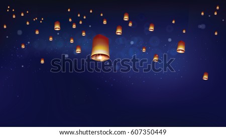 Khom loy or floating lanterns in night sky. Thai people believed that misfortune will fly away with the lanterns. Sometime belief this activities is sending souls to heaven.