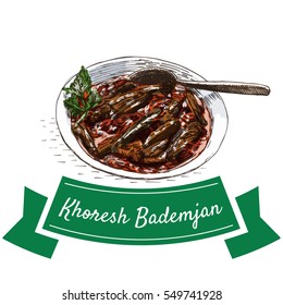 Khoresh Bademjan colorful illustration. Vector illustration of Persian cuisine.