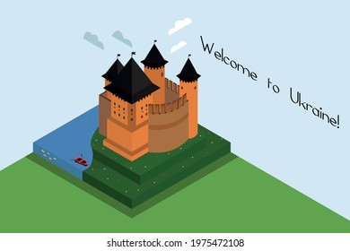 Khotyn Fortress. Isometric illustration. Colorful postcard. Orange fortress with a wall, a blue river with a boat. Glade with tiny flowers, clouds. Welcome to Ukraine