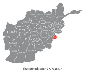 Khowst red highlighted in map of Afghanistan