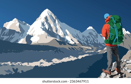 Khumbu glacier, Mount Pumori peak and hiker on the way to Mt Everest base camp, vector illustration, Khumbu valley, Sagarmatha national park, Nepal Himalayas mountains