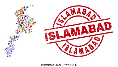 Khyber Pakhtunkhwa Province map mosaic and dirty Islamabad red round stamp seal. Islamabad seal uses vector lines and arcs. Khyber Pakhtunkhwa Province map collage includes gears, homes, wrenches,
