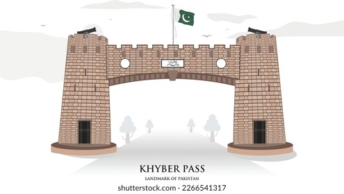 Khyber Pass Peshawar
Pakistan with a Pakistani flag on top , Text written
in Urdu font is “Bab-e-Khyber” means “The door of Khyber”