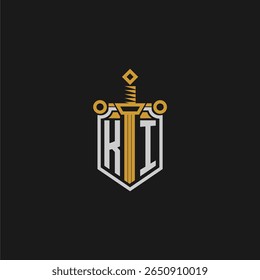 KI monograma inicial para imagem em estilo escudo e espada