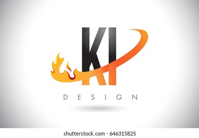 KI K I Letter Logo Design with Fire Flames and Orange Swoosh Vector Illustration.