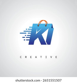 KI Shopping Monogram – Entrega rápida Logotipo de comercio electrónico con icono de bolsa y marca digital para tienda en línea, venta minorista e identidad logística
