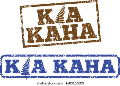 Kia Kaha stamps with fern image. Meaning Stay Strong in Maori language, New Zealand. A Maori phrase. In grunge texture.