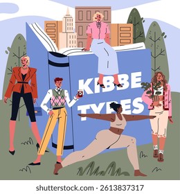 Kibbe Types concept. Fashion diversity among people with unique body shapes and clothing preferences. Various styles suit different personalities and lifestyles. Urban outdoor setting. Vector