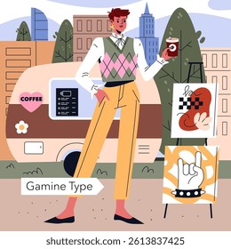 Kibbe Types concept. Gamine type fashion figure stands outdoors near coffee van and modern art, embodying Kibbe body styling in urban park scene with casual clothing and creative vibe. Vector