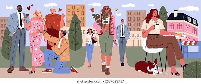 Kibbe Types concept. Illustration of diverse people representing different Kibbe body types in various urban settings, emphasizing personal style and uniqueness.