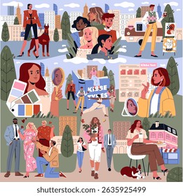 Kibbe Types concept. Various people discovering their style through the Kibbe body type system in a colorful city setting. Includes diverse fashion and urban backgrounds.