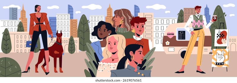 Kibbe Types fashion concept. Illustration of diverse people styled according to different Kibbe body types in a vibrant cityscape, highlighting personal style and identity. Vector illustration.