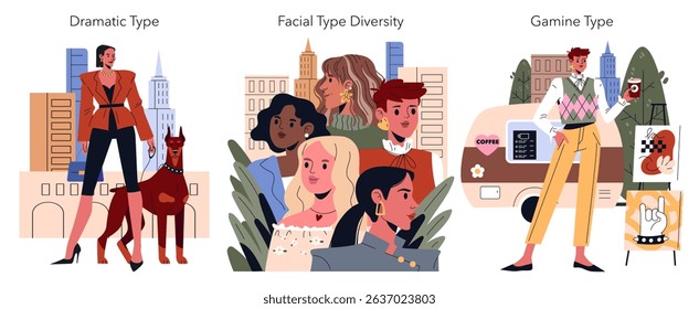 Kibbe Types illustration set. Portrayal of diverse Kibbe body types and style personalities, featuring Dramatic, Gamine, and diverse facial types in urban settings. Vector illustration.