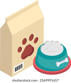 kibble box and Tray isometric flat concept, Animal Feed with Accessories vector color icon design, Pet and Vet symbol, Animal Shelter sign, four legged friends stock illustration