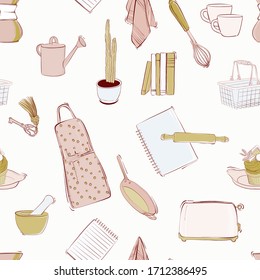 Kichen equipment doodle seamless pattern. Retro menu outline illustration sketch. Receipe pink yellow cooking design.