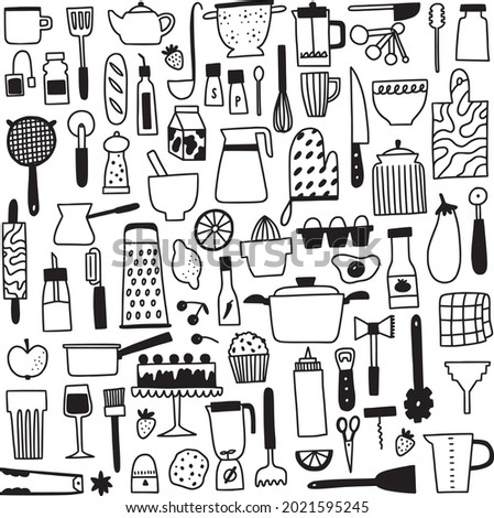 Kichen utencils and cutlery big set. Doodle outline cooking and baking illustration. Cute hand drawn culinary tools and food. 60 tiny icon illustrations for kitchen graphic design.