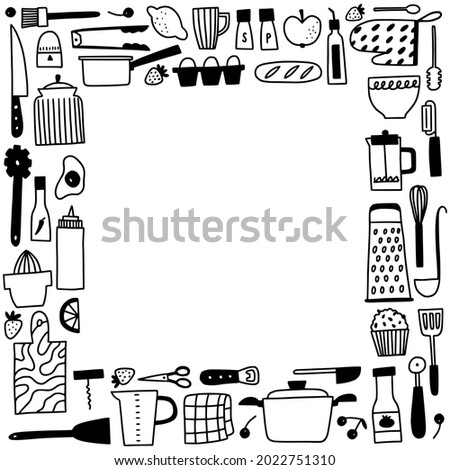 Kichen utencils and cutlery frame. Doodle outline cooking and baking square border. Cute hand drawn culinary tools and food. Tiny icon illustrations for kitchen graphic design.