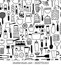 Kichen utencils and cutlery seamless pattern. Doodle outline cooking and baking illustration. Cute hand drawn culinary tools and food. Background for kitchen graphic design.