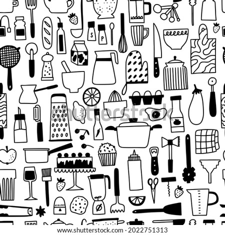 Kichen utencils and cutlery seamless pattern. Doodle outline cooking and baking illustration. Cute hand drawn culinary tools and food. Background for kitchen graphic design.