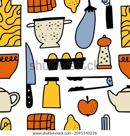 Kichen utencils and cutlery seamless pattern. Doodle outline cooking illustration. Cute hand drawn culinary tools and food. Background for kitchen graphic design.