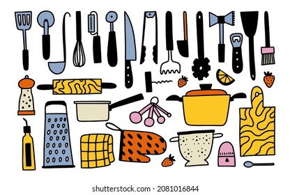 Kichen utencils and cutlery set. Doodle outline cooking and baking illustration. Cute hand drawn culinary tools and food. Tiny icon illustrations for kitchen graphic design.