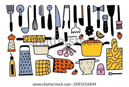Kichen utencils and cutlery set. Doodle outline cooking and baking illustration. Cute hand drawn culinary tools and food. Tiny icon illustrations for kitchen graphic design.