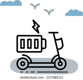 Kick Bike with Battery and bolt Vector Icon Design, Green transport Symbol, Eco Motorized scooter Sign, push-scooter and street vehicle stock illustration, Push Electric Scooter Charging Dock Concept