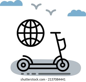 Kick Bike Global Location Vector Icon Design, Green transport Symbol, Eco Motorized scooter Sign, Mobile app ui, Push Scooter with Globe Concept, push-scooter and street vehicle stock illustration