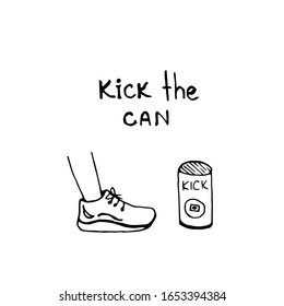 Kick the can. Outdoor summer games. Stock vector hand drawn illustration, isolated on white background. Simple outline doodle design.