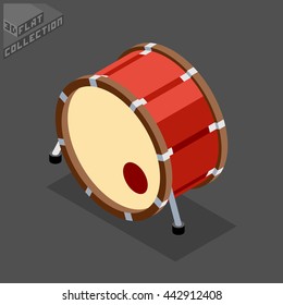 Kick Drum. Musical Equipment. 3D Isometric Low Poly Flat Design. Vector Illustration.