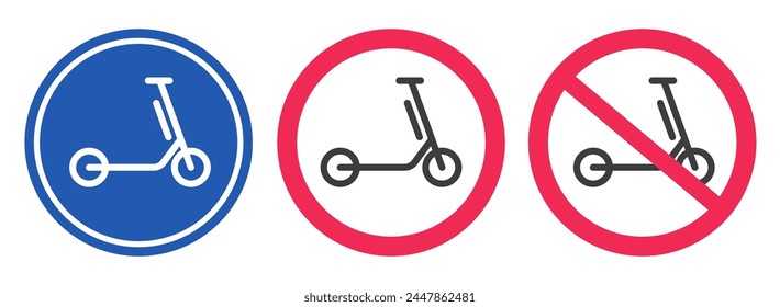 Kick or electric scooter road sign icon vector graphic illustration set red blue, e-scooter forbidden prohibition area caution warning symbol image clipart