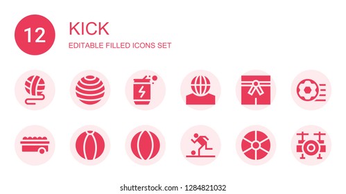 kick icon set. Collection of 12 filled kick icons included Ball, Energy drink, Martial arts, Football, Football ball, Drum set