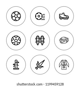 Kick icon set. collection of 9 outline kick icons with football ball, football shoes, football, martial art, martial arts, shin guards, soccer ball icons. editable icons.