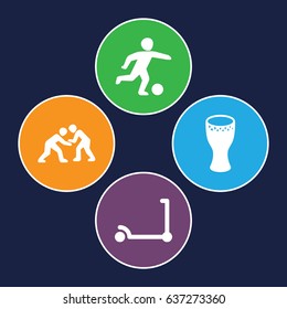 Kick icons set. set of 4 kick filled icons such as kick scooter, drum, football player
